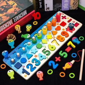 Montessori Educational Wooden Toys Children Busy Board Math Fishing Counting Toy